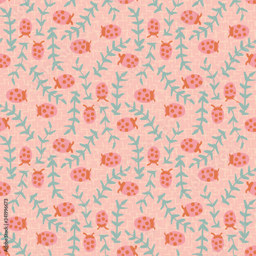 Ladybugs and leaves seamless vector pattern in pink and teal. Childish surface print design. For fabrics, stationery and packaging.