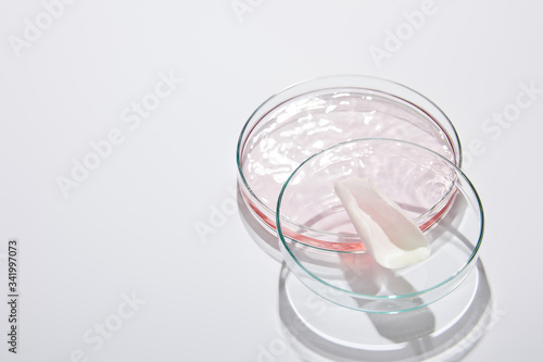 High angle view of laboratory glassware with liquid and rose petal on grey background
