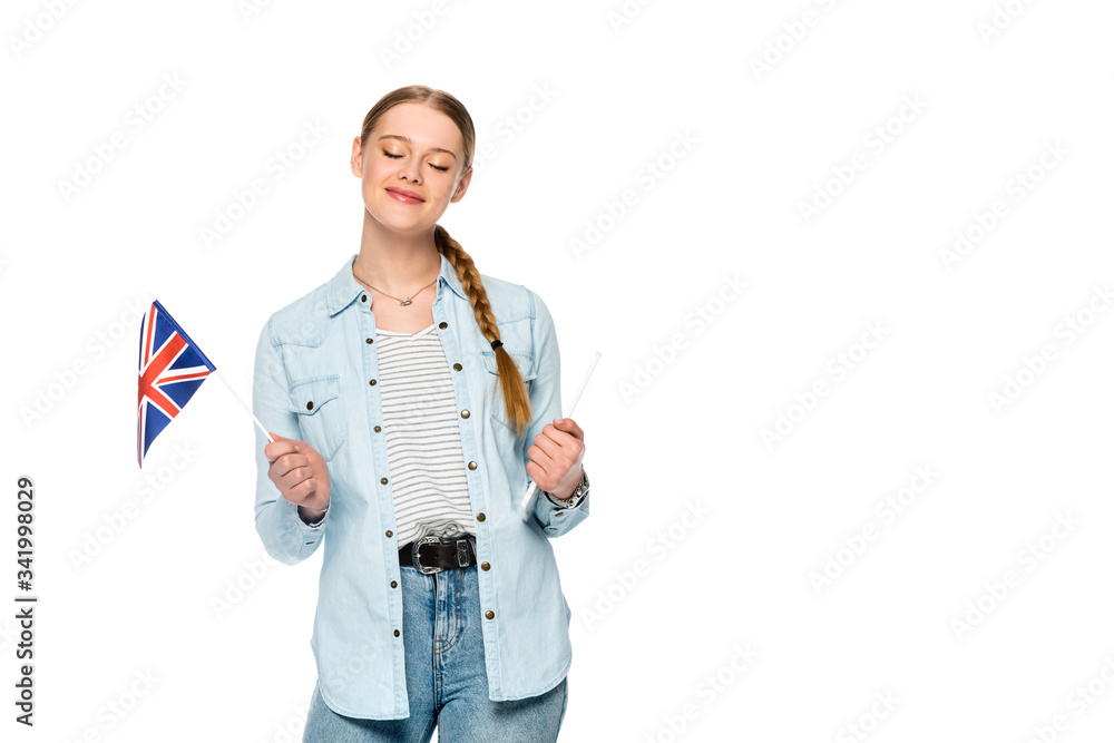 smiling pretty girl with braid holding digital tablet and uk flag isolated on white smiling pretty girl with braid holding digital tablet and uk flag isolated on white