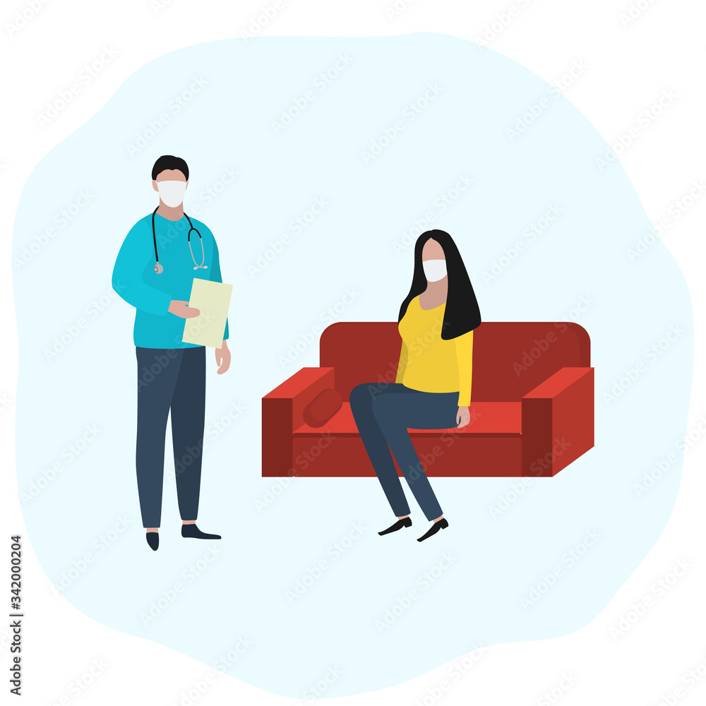 Fototapeta premium Woman sits at home on the sofa in a medical mask is sick and a doctor is standing nearby. Fashion trendy illustration, flat design. Pandemic and epidemic of coronavirus in the world