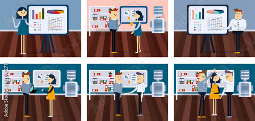 Set color cartoon vector illustration for presenting on flipchart in office