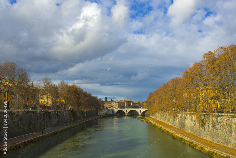 Angels bridge, Ponte Sant Angelo, Rome citycape scenic view on Tiber river.