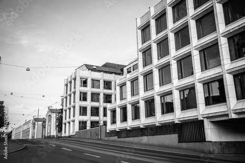 modern buildings helsinki. streets. black and white photo