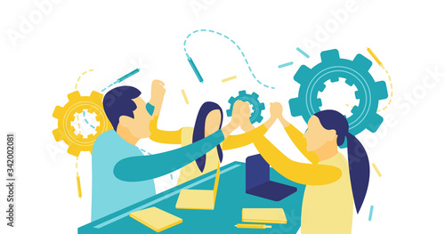 Flat vector illustration, teams join hands promoting unity and involvement, the concept of team building, enthusiastic diverse colleagues celebrating victory, great teamwork, good relationships.