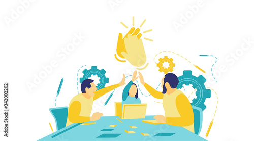 Flat vector illustration. A group of business partners give high fives and smile while working in the office. Two men and women sat around a table. Business concept.