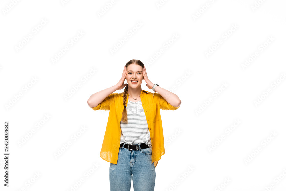 happy pretty girl with braid holding head isolated on white happy pretty girl with braid holding head isolated on white