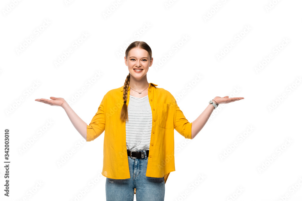 happy pretty girl with braid pointing with hands aside isolated on white happy pretty girl with braid pointing with hands aside isolated on white