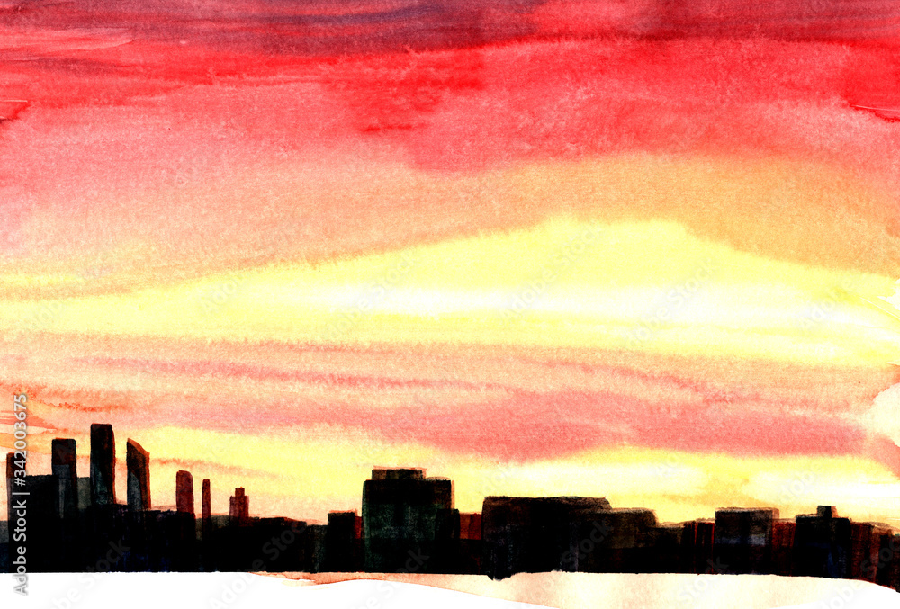 Sunset City Building Silhouette Watercolor Illustration Background Hand Drawn