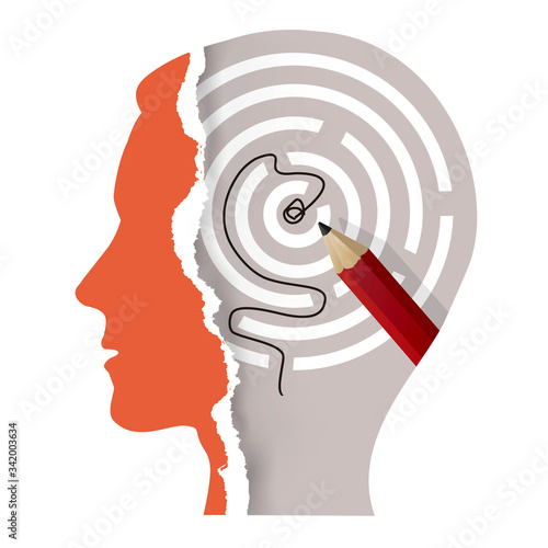 Male head silhouette and solved labyrinth.
Illustration of Stylized torn paper male head silhouette with maze and pencil. Psychology and inteligence Concept. Vector available.