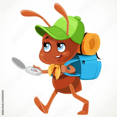 Cute ant in the construction helmet is considering drawing on paper, isolated on white background