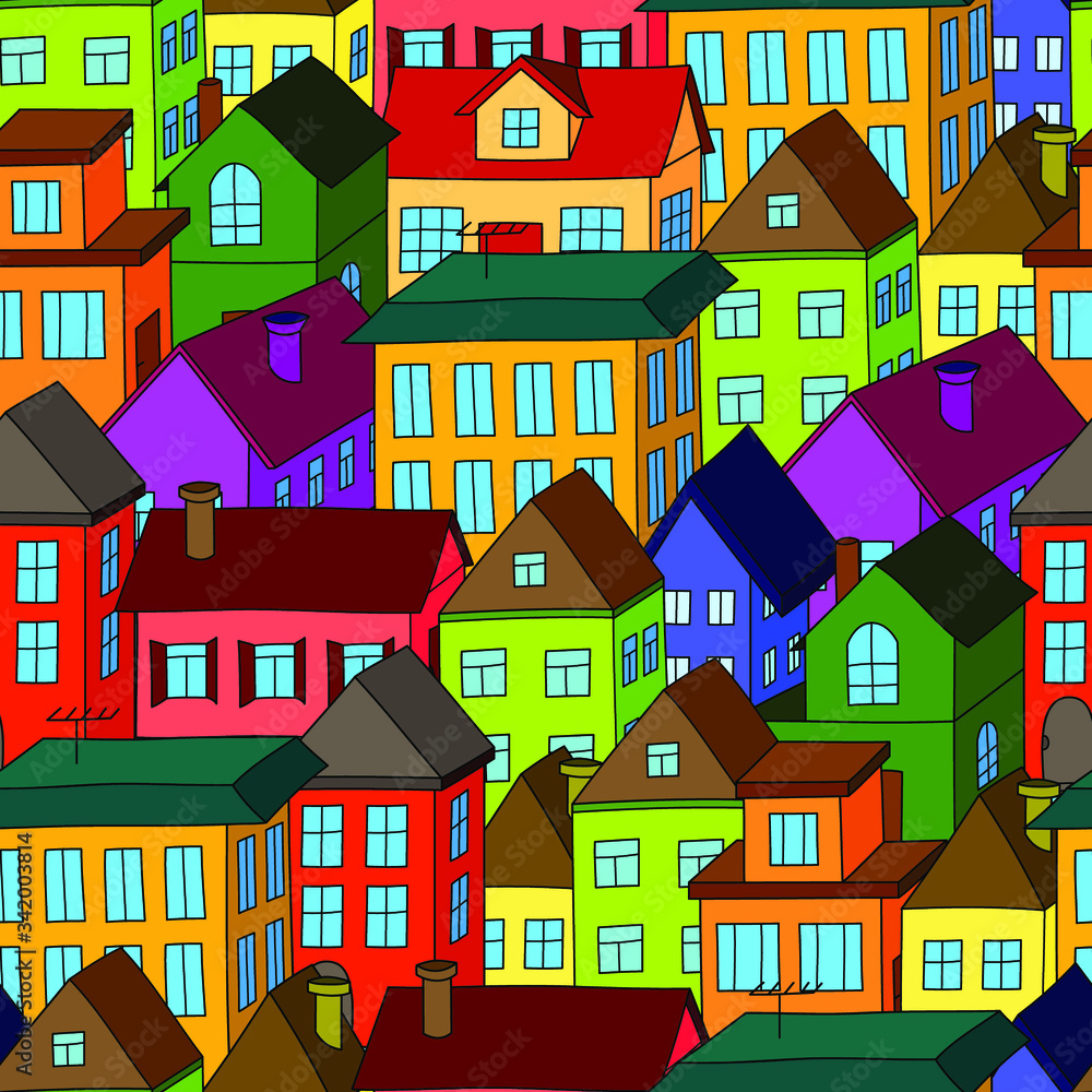 Coloful houses standing tight: bright seamless pattern, urban wallpaper print, wrapping texture design. Vector graphics. Coloful houses standing tight: bright seamless pattern, urban wallpaper print, wrapping texture design. Vector graphics.