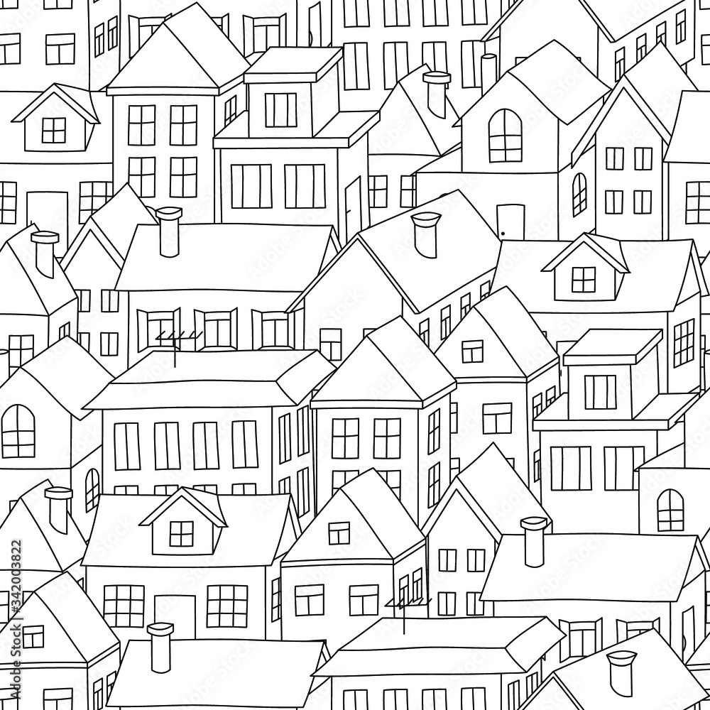 White houses stnding tight: colorless seamless pattern, urban wallpaper print, wrapping texture design, coloring page. Vector graphics.