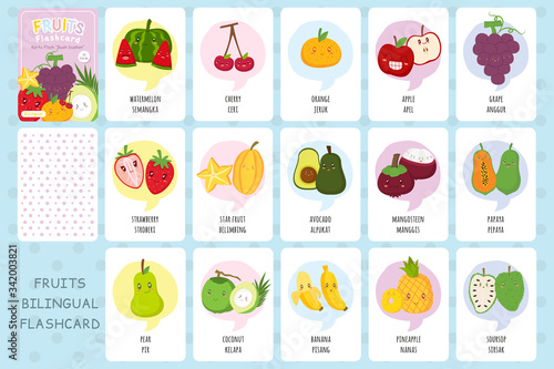 Cute tropical fruits flashcards, bilingual English Indonesian language flashcards vector template. Printable flashcard design for kids.