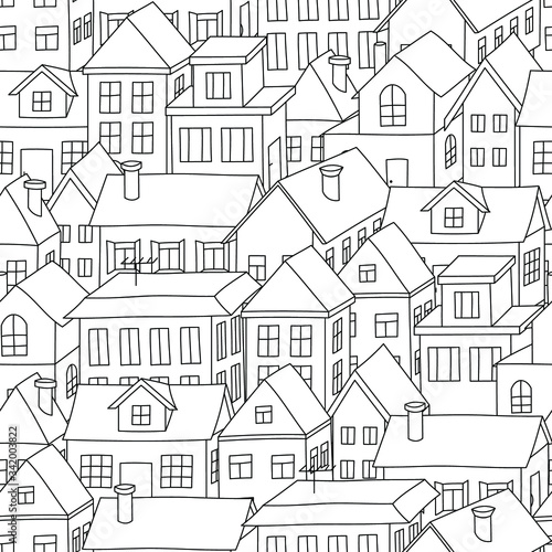 White houses stnding tight: colorless seamless pattern, urban wallpaper print, wrapping texture design, coloring page. Vector graphics.