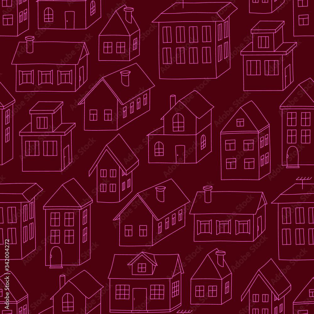 Pink 3d houses on bordo background: seamless pattern, urban wallpaper print, wrapping texture design. Vector graphics.