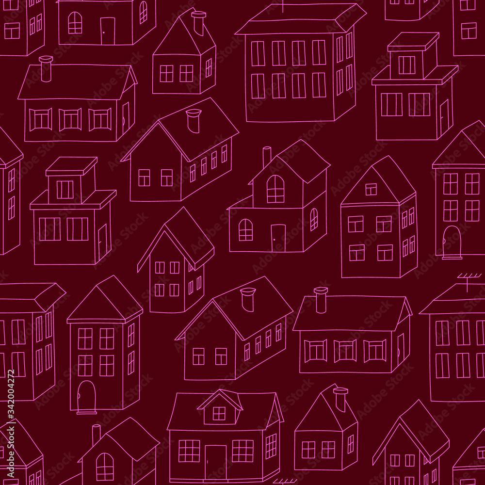 Pink 3d houses on bordo background: seamless pattern, urban wallpaper print, wrapping texture design. Vector graphics. Pink 3d houses on bordo background: seamless pattern, urban wallpaper print, wrapping texture design. Vector graphics.