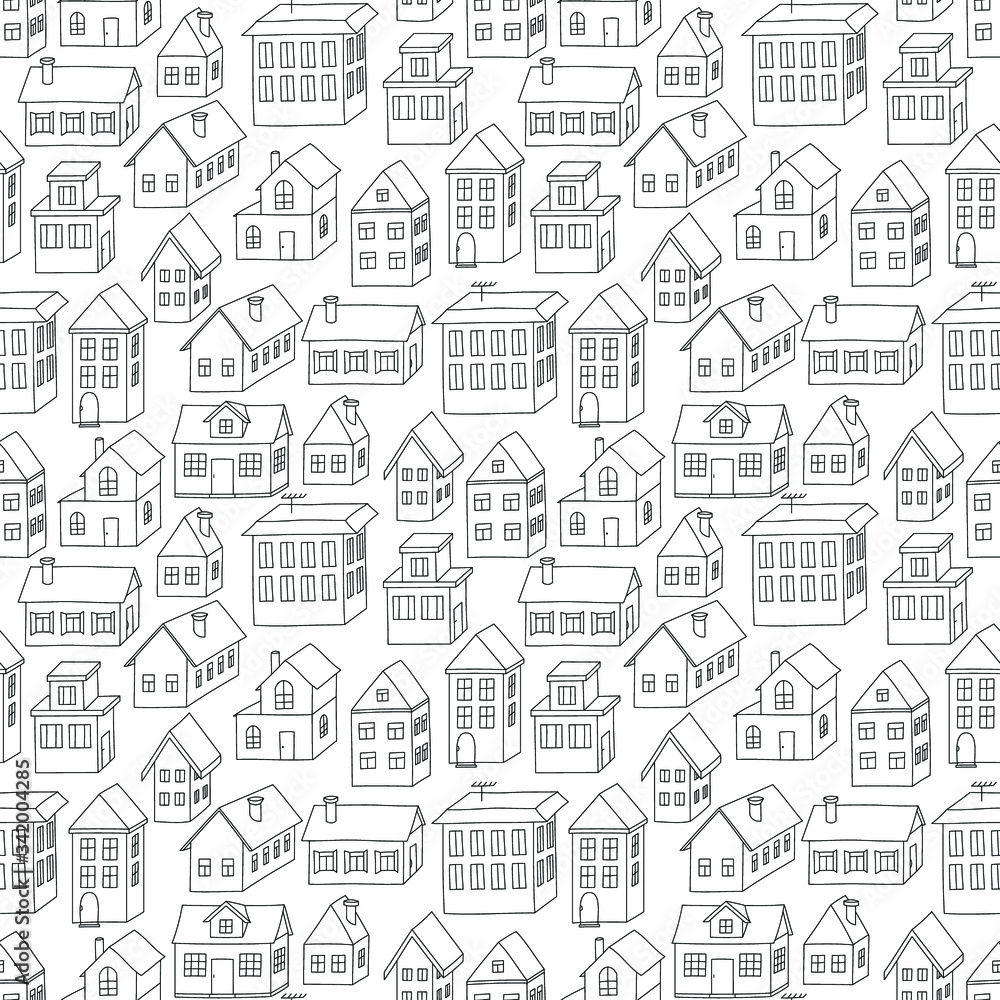 3d houses: black and white seamless pattern, urban wallpaper print, wrapping texture design. Vector graphics.