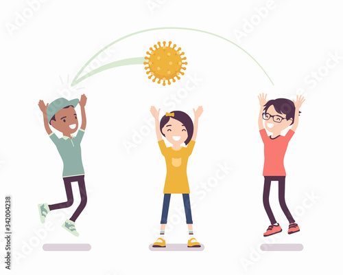 Kids playing dangerous game, virus ball. Unsafe children having fun without protection measures, non regarding contagious disease risk factors during epidemic. Vector flat style cartoon illustration