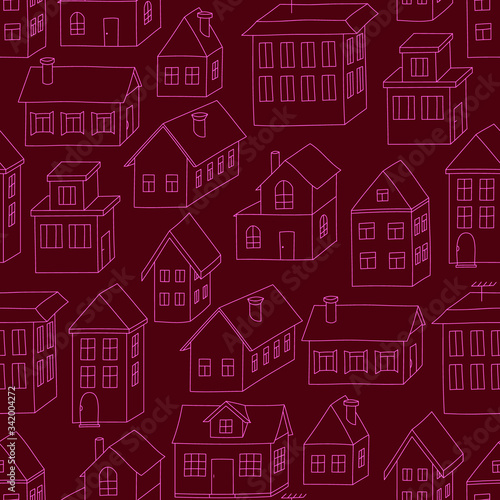 Pink 3d houses on bordo background: seamless pattern, urban wallpaper print, wrapping texture design. Vector graphics.