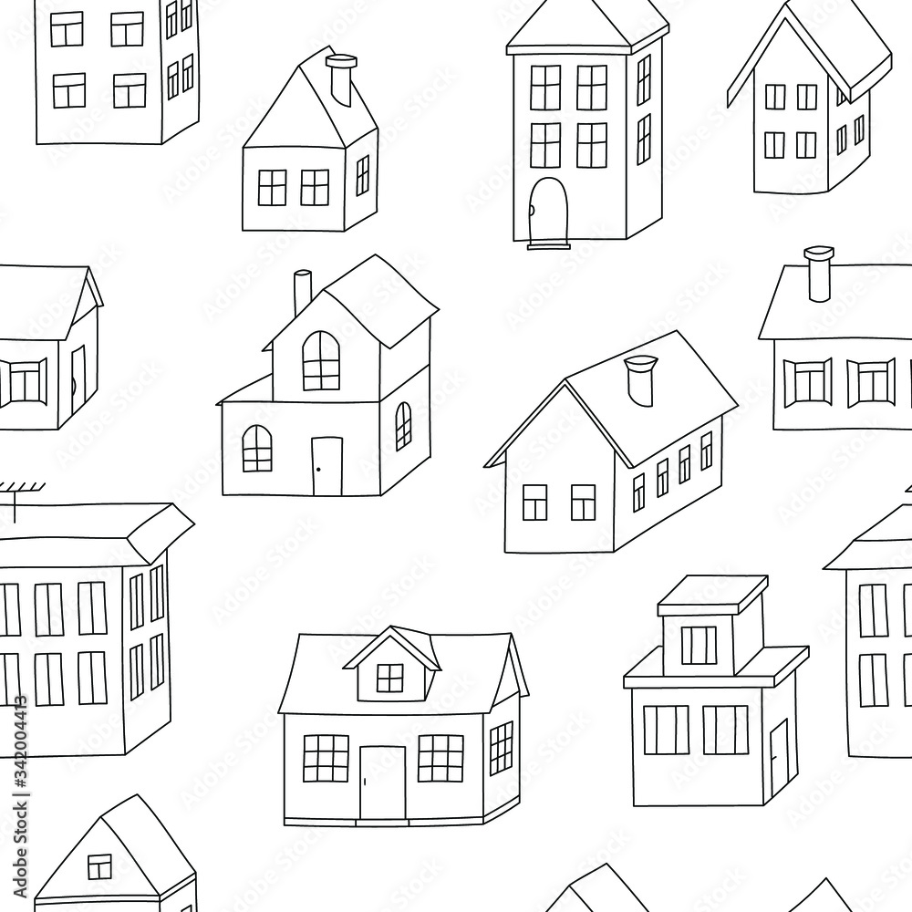 Colorless 3d houses: construction seamless pattern, urban wallpaper print, wrapping texture design. Vector graphics.