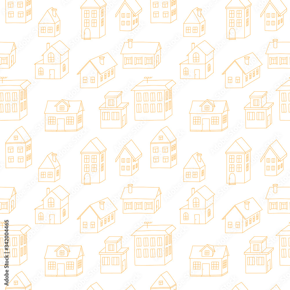 Orange houses' contours on white background: architectural seamless pattern, urban wallpaper print, wrapping texture design. Vector graphics.