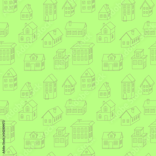 Houses' silhouettes on light-green background: seamless pattern, urban wallpaper print, wrapping texture design. Vector graphics.