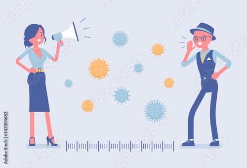 Safe distance as protection measure against virus. Man and woman speaking far away with megaphone, following protect advices to prevent the spread of disease. Vector flat style cartoon illustration