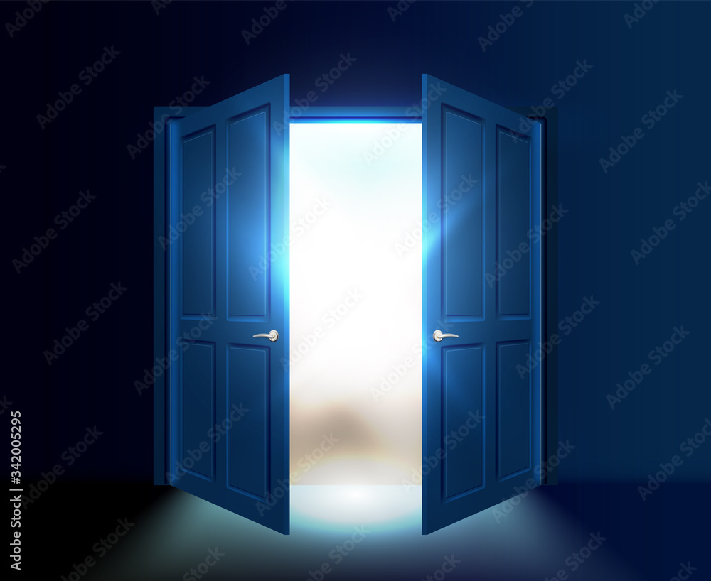 Ajar double door with light and rays of the sun coming out of the gap. Vector illustration. Ajar double door with light and rays of the sun coming out of the gap. Vector illustration.