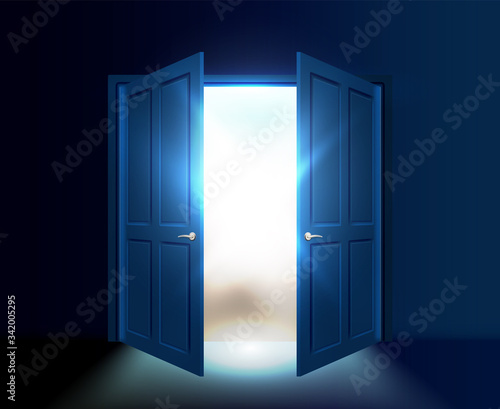Ajar double door with light and rays of the sun coming out of the gap. Vector illustration.