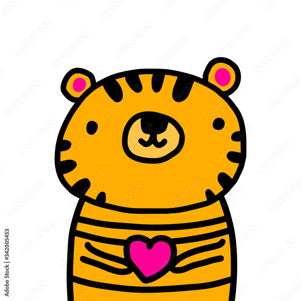 Cute orange tiger holding heart symbol hand drawn vector illustration in cartoon comic style Cute orange tiger holding heart symbol hand drawn vector illustration in cartoon comic style