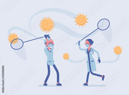 Doctors, health care workers catching virus with a butterfly net. Physicians, nurses, medical staff struggling to protect people and prevent spread of disease. Vector flat style cartoon illustration