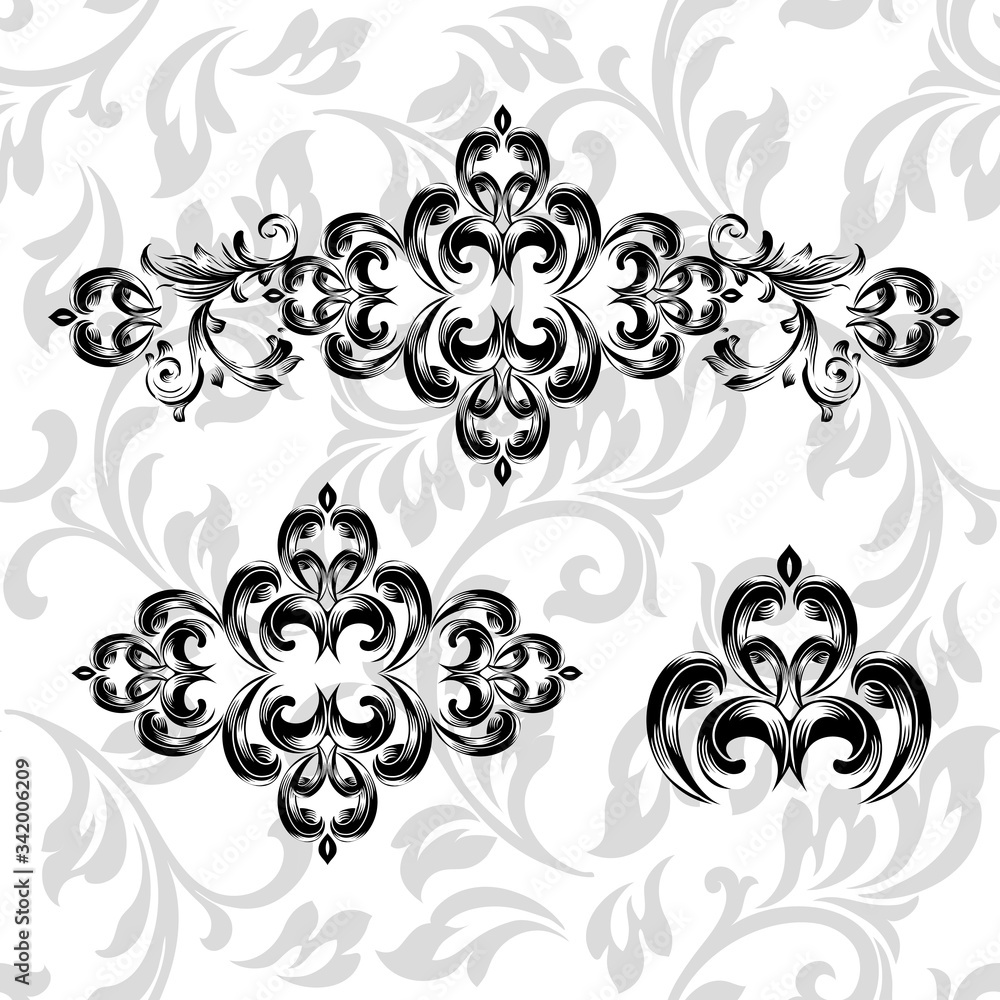 Damask pattern element. Classic luxury old-fashioned ornament grunge background. Royal victorian texture for wallpaper, textile, fabric, wrapping. Exquisite floral baroque patterns. Damask pattern element. Classic luxury old-fashioned ornament grunge background. Royal victorian texture for wallpaper, textile, fabric, wrapping. Exquisite floral baroque patterns.