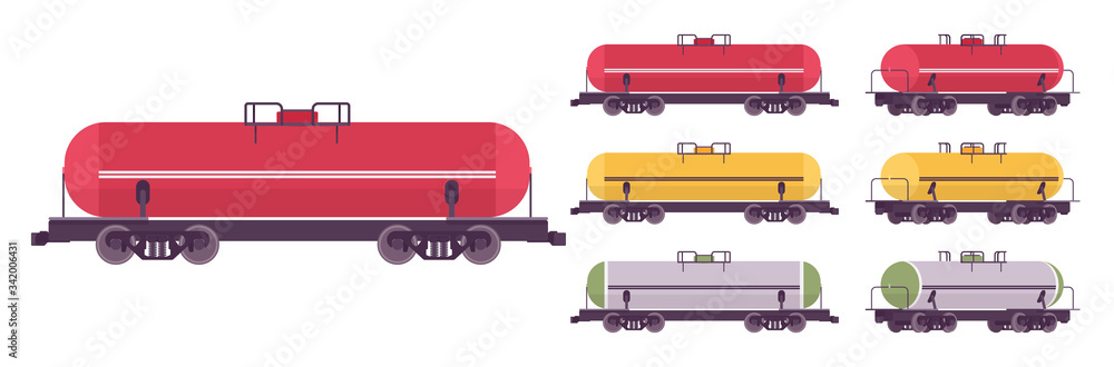 Tank car wagon for railway transportation. Liquid, oil, gaseous commodities  commercial delivery, tanker transport business industry. Vector flat style  cartoon illustration, different views and colors Stock Vector | Adobe Stock