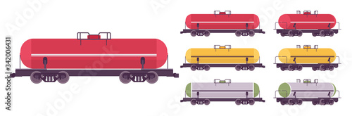 Tank car wagon for railway transportation. Liquid, oil, gaseous commodities commercial delivery, tanker transport business industry. Vector flat style cartoon illustration, different views and colors