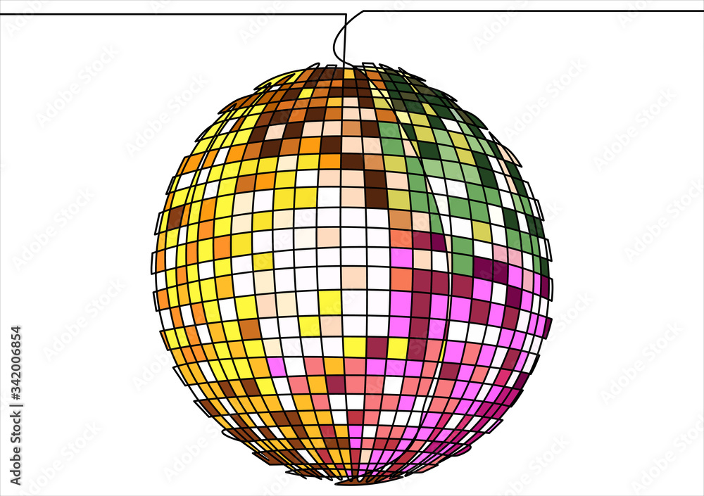 Isolated disco ball.Vector single continuous one line art drawing Stock