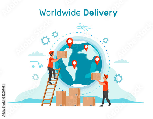 Worldwide Delivery concept, icon for banner template of landing page. Couriers deliver parcels around the globe. Modern flat design. 