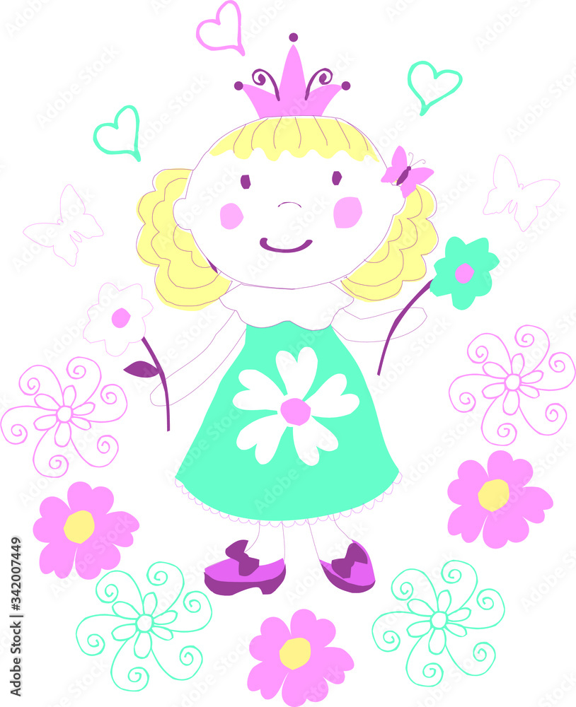 Clipart of hand painted cartoon little girl Princess isolated on white perfect for print, packaging and all kinds of design. Clipart of hand painted cartoon little girl Princess isolated on white perfect for print, packaging and all kinds of design.