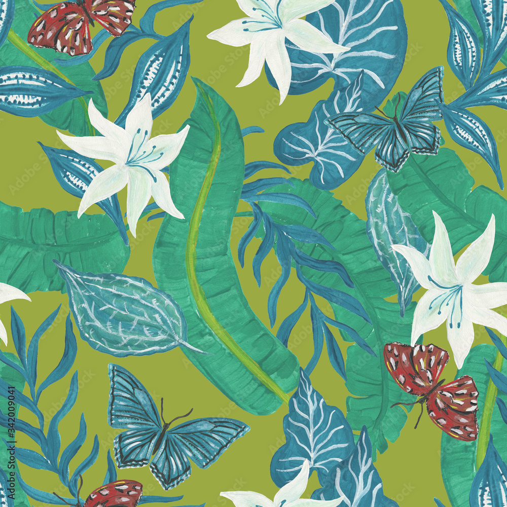 Plakat Guache painting seamless pattern with abstract tropical flowers, leaves