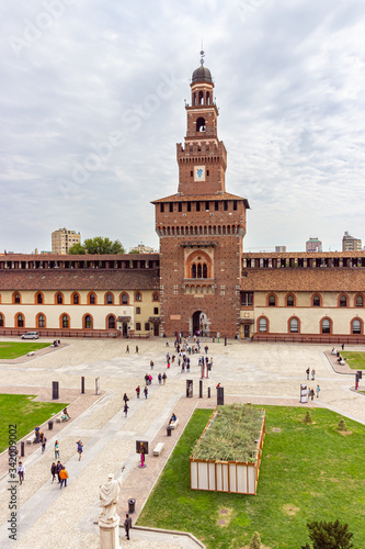 The inner courtyard and the Powder tower of the Sforzesco Castle - Castello Sforzesco in Milan, Italy