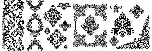 Vintage baroque frame scroll ornament engraving border floral retro pattern antique style acanthus foliage swirl decorative design element filigree calligraphy.
