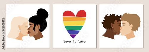 Set of lgbt symbols as silhouettes of people and rainbow flag. Vector illustration