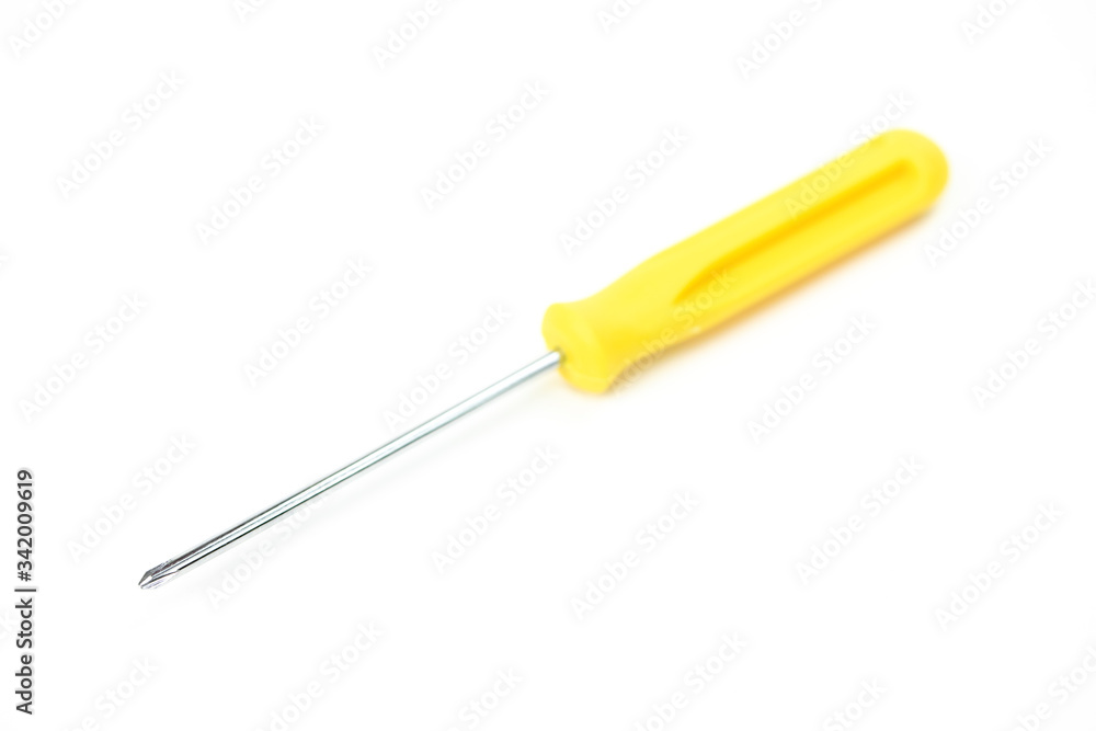 screwdriver with yellow handle isolated on white background. Single object Household tools for electrician, craftsman copy space Advertising tools, construction goods stores, home improvement screwdriver with yellow handle isolated on white background. Single object Household tools for electrician, craftsman copy space Advertising tools, construction goods stores, home improvement