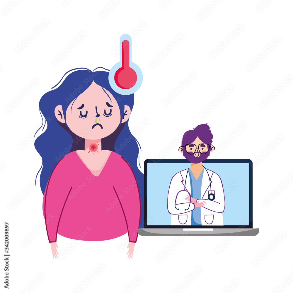 Woman with sore throat thermometer man doctor and laptop vector design Woman with sore throat thermometer man doctor and laptop vector design