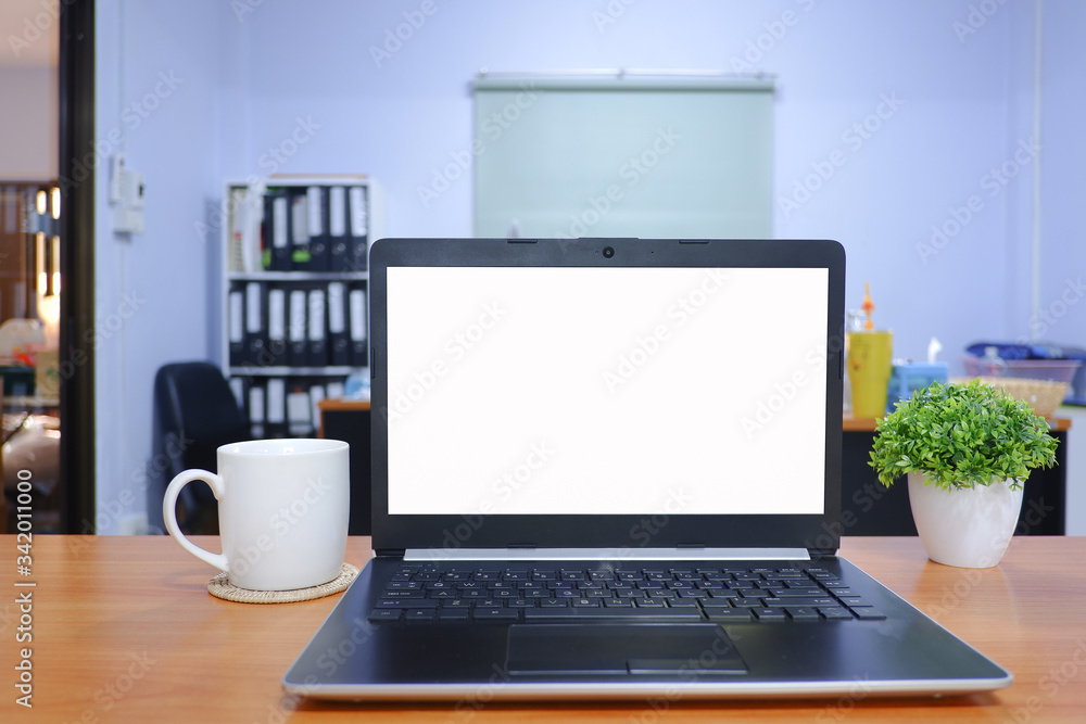 Fototapeta premium Cropped shot view of white office desk table with the office equipments, alcohol sanitizer, face mask and other office supplies on the modern space, flat lay.work at home.
