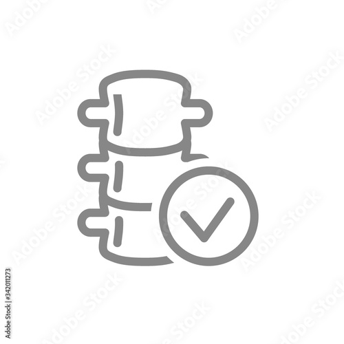 Spine with tick checkmark line icon. Healthy backbone symbol