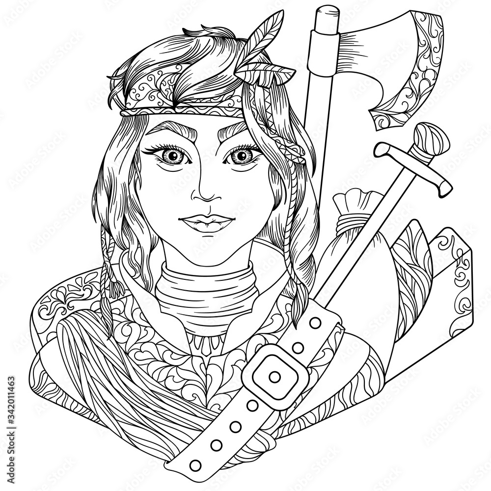 Coloring page for adults anti stress with beautiful girl hunter fantasy