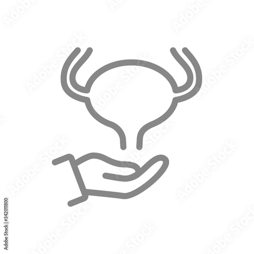 Urinary bladder on hand line icon. Human treatment, disease prevention symbol