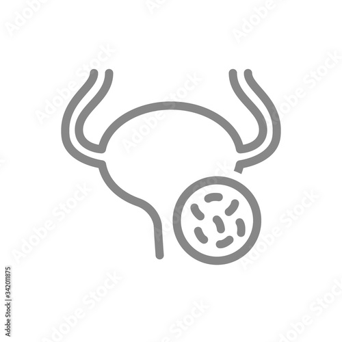 Urinary bladder with bacteria line icon. Disease internal organ, cystitis, urinary tract infection symbol