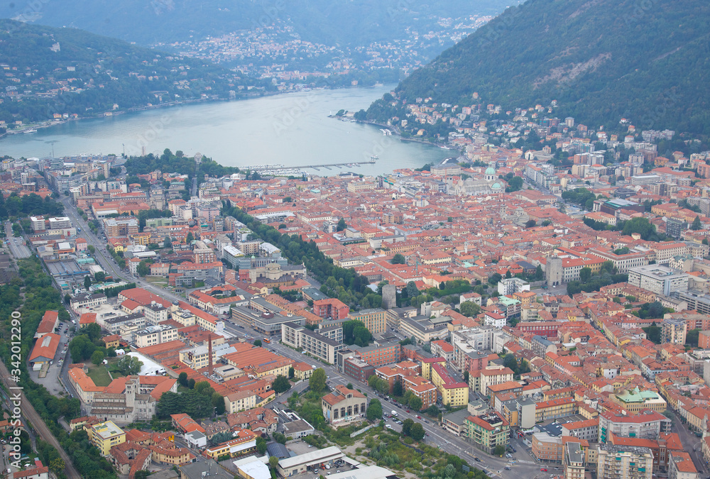 Italy, Lombardia, Como, 8/23/2018, aerial view of lake Como and city, Como is a city located in the southern part of Lake Como. It is known for its Gothic cathedral, the panoramic funicularn