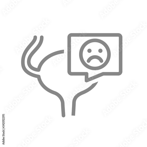 Urinary bladder with sad face in speech bubble line icon. Disease organ of excretory system symbol